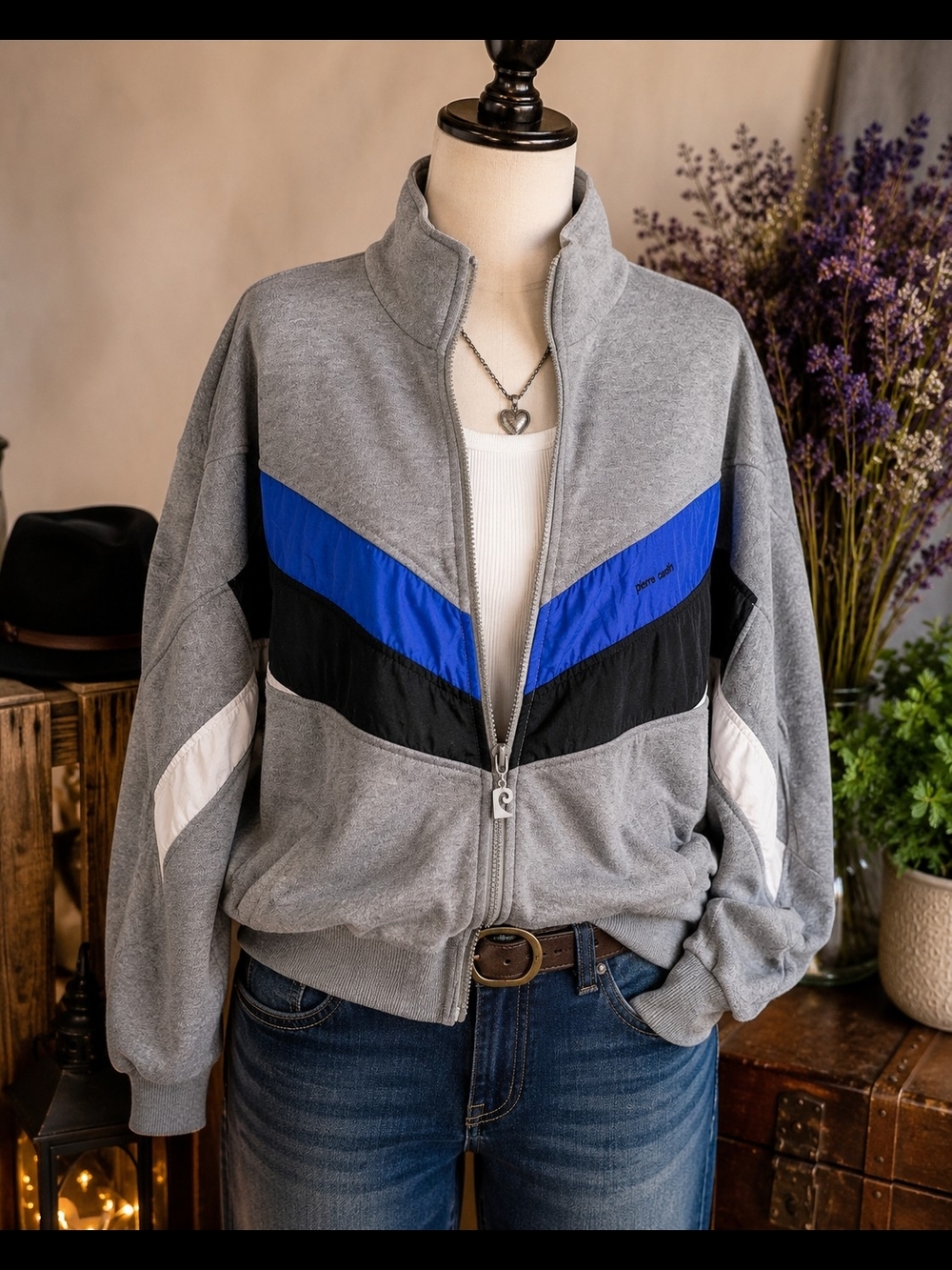 Vintage 80s 90s Pierre Cardin Colorblock Track Jacket Gray Blue Retro Streetwear